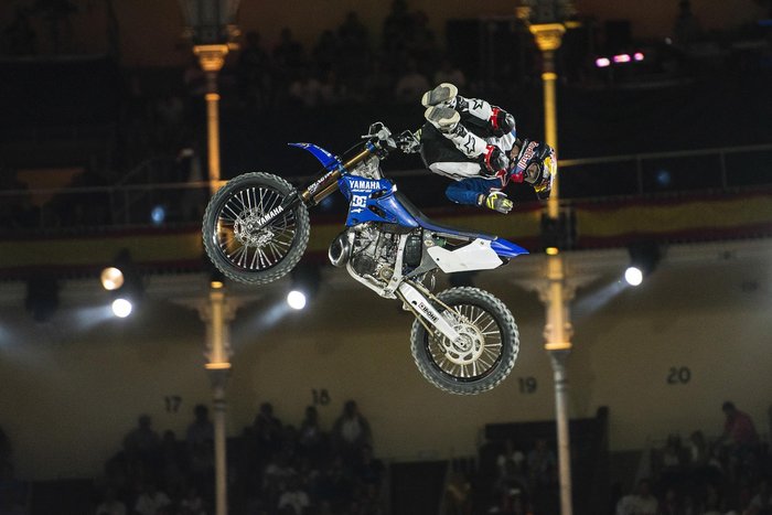 Tom Pages of France performs at the Plaza de Toros de Las Ventas during the finalsof the Red Bull X-Fighters in Madrid, Spain on June 24, 2016.