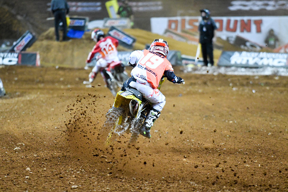 Justin Bogle - RCH Yoshimura Suzuki Factory Racing on the gas during the Main Event  at the 2017 Monster Energy Supercross event in Atlanta.