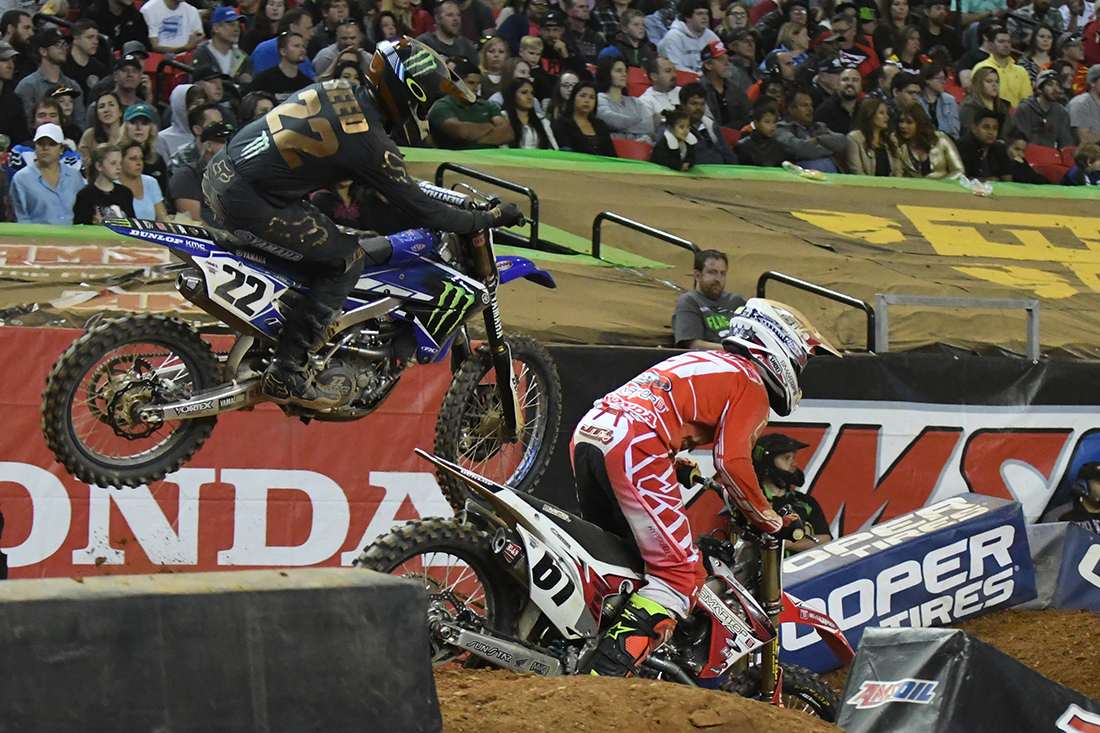 Chad Reed - Monster Energy Factory Yamaha battling Vince Friese - Smartop Motorconcepts Honda Yoshimura during the Main Event  at the 2017 Monster Energy Supercross event in Atlanta.